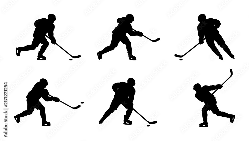 Fototapeta premium Ice Hockey Player Silhouettes, Action Poses, Sports Vector Set, Dynamic Movement