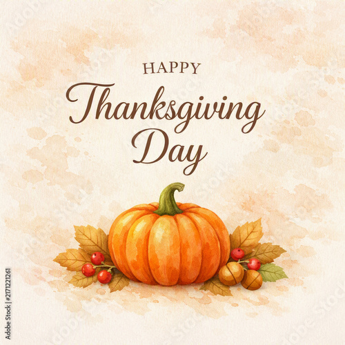 Watercolor Thanksgiving illustration - pumpkin, autumn leaves, red berries, acorns on warm beige background. “HAPPY Thanksgiving Day” text. Holiday greetings, fall promotions, social media posts.