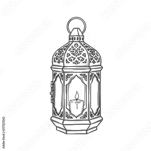 Lantern with lit candle inside intricate design