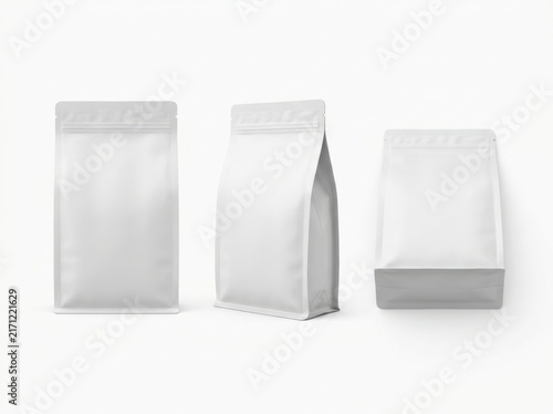 Three white blank standing coffee bags for food packaging