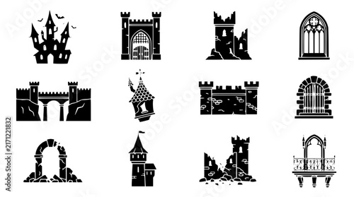 Canvas Print Haunted Castle Silhouette Collection with Gothic Medieval Architecture
