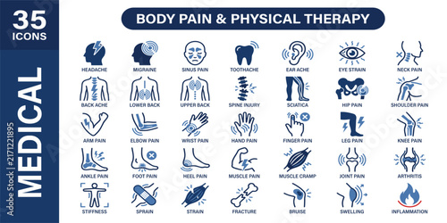 Body pain icon set for backache, headache, injury, muscle, teeth, ear,  and physical therapy symbols. Solid vector icon collection.