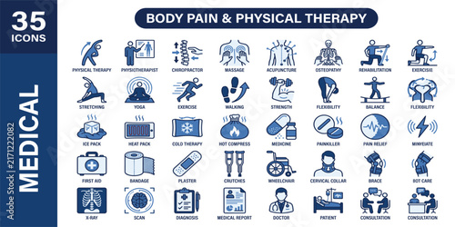 Body pain icon set for backache, headache, injury, muscle, teeth, ear,  and physical therapy symbols. Solid vector icon collection.
