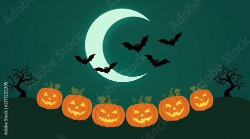 Spooky halloween background featuring a glowing crescent moon with flying bats and a row of carved jack o lanterns