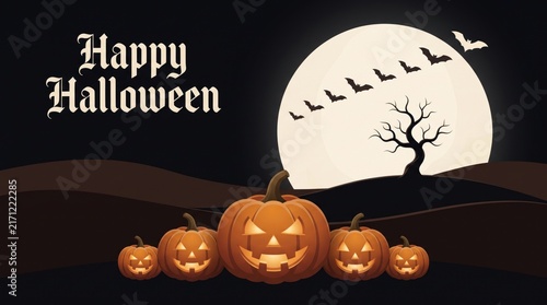 A spooky happy halloween greeting card design featuring glowing jack o lanterns against a full moon night background