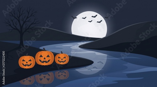 Spooky halloween night landscape featuring smiling jack o lanterns by a flowing river as a festive holiday background