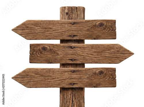 Rustic wooden directional signpost, weathered timber arrow boards, vintage wood wayfinding post isolated on white background