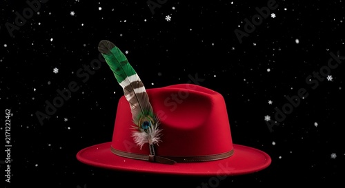 Red hat with colorful peacock feather on starry background