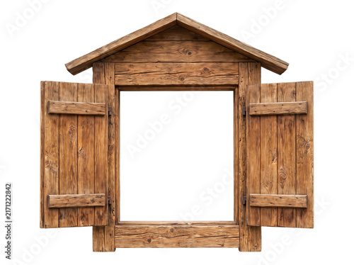 Rustic wooden window frame with open shutters, vintage timber window isolated on white, weathered wood frame for photo montage