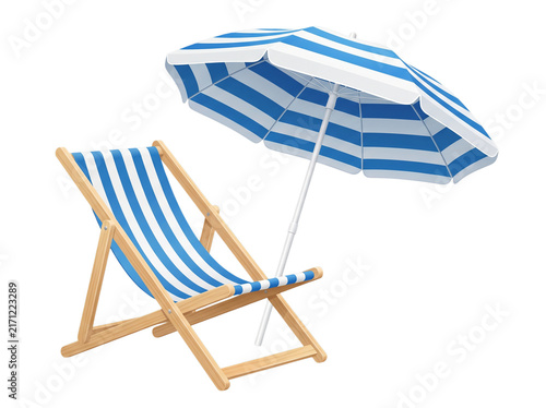 Striped beach chair and blue sun umbrella, summer vacation lounge furniture, seaside relaxation equipment isolated on white