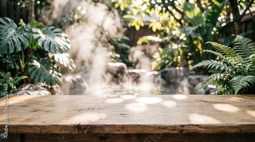Wooden Table in Lush Garden with Waterfall and Sunlight for Nature Background
