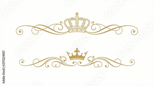 Elegant golden royal crowns centered above intricate swirling filigree flourishes isolated on plain white background for luxury wedding invitation card designs or sophisticated branding logo projects