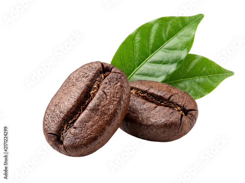 Roasted coffee beans with fresh green leaves, organic arabica coffee seeds on white background, aromatic espresso ingredients