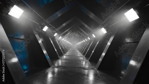 Futuristic Diamond-Shaped Tunnel with Bright Lights and Atmospheric Smoke Provides Depth and Perspective