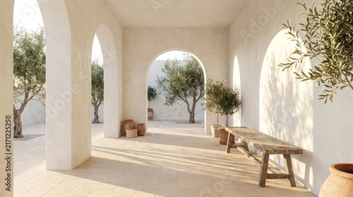 Sunlit Mediterranean courtyard with olive trees and stone archway.
