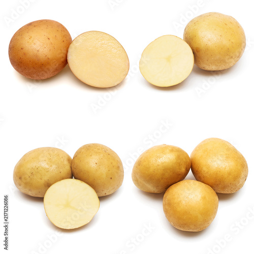 Collection young potato and slice isolated on white background. Harvest new. Flat lay, top view
