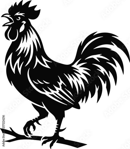 Vintage rooster silhouette, black cockerel farm icon, rustic poultry vector