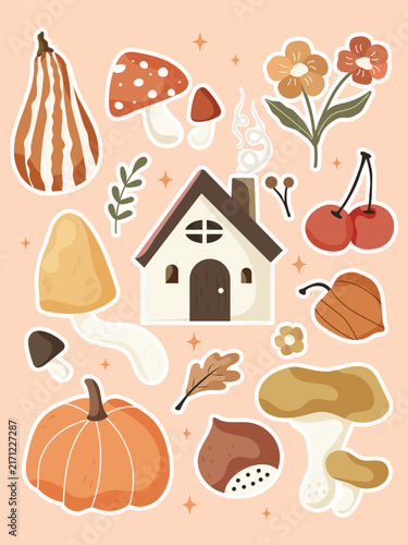 Cute Autumn Sticker Set with Pumpkins, Mushrooms, Cottage, Flowers and Fall Elements