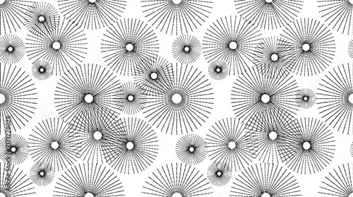 Abstract monochrome pattern with radiating circular line art elements in a repeating geometric vector design