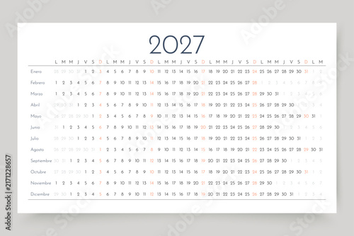 2027 Spanish calendar. Linear planner for year. Yearly horizontal calender template. Table schedule grid. Desk timetable with 12 months. Week starts Monday. Landscape orientation. Vector illustration.