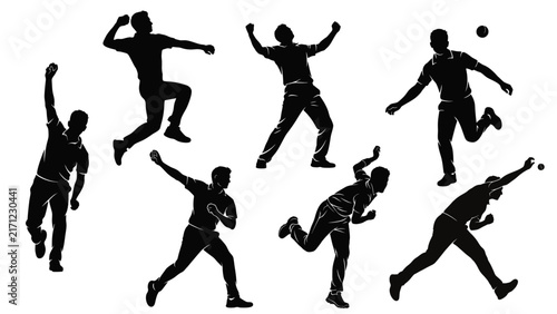 Cricket Bowling Action Silhouette Collection. Fast and Spin Bowler Poses in Black and White.