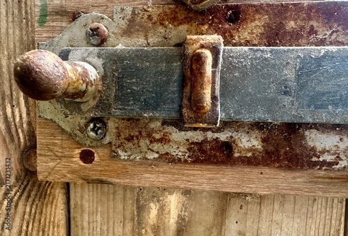 Photography A close-up of an old, rusty metal door trim on a wooden door.