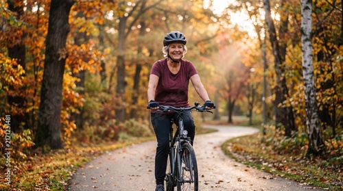 A senior Caucasian woman rides a bicycle on a winding path through an autumn forest. The scene features vibrant fall foliage and soft sunlight filtering through the trees.