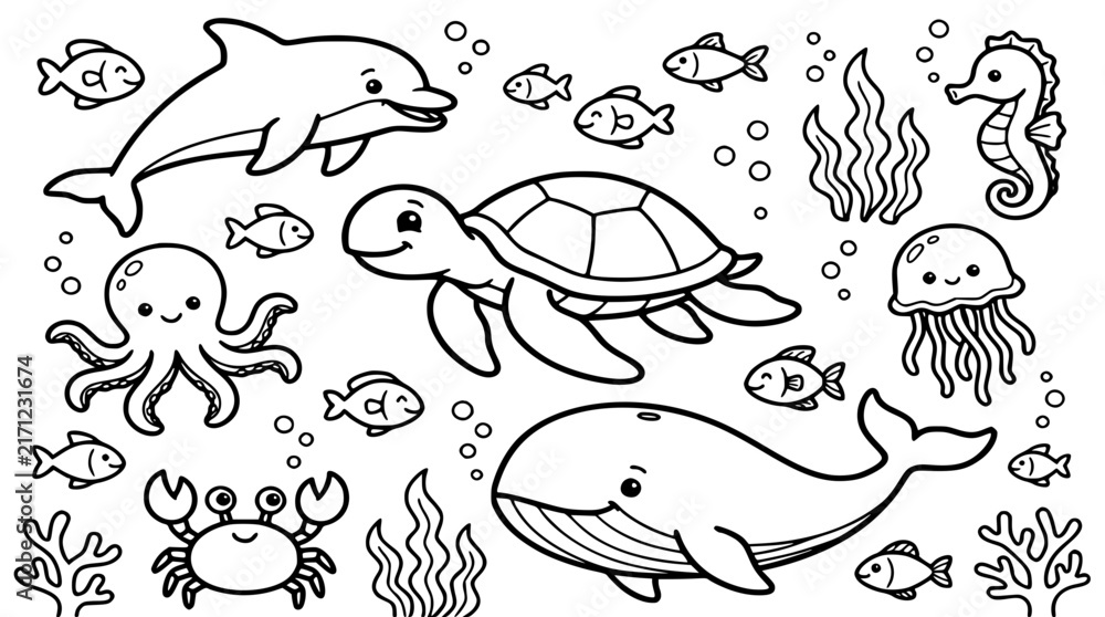 Obraz premium Cute Marine Life and Sea Animals Line Drawing Collection Featuring Kawaii Whale Dolphin Sea Turtle Octopus and Coral Reef Elements for Children Coloring Book Layoutsocean, sea, marine, life, animal, 