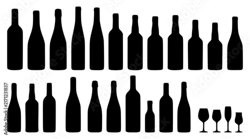 Wine Bottle and Glassware Silhouette Collection Featuring Various Premium Liquor Bottles and Stemware Icons for Bar Menus Winery and Corporate Hospitality Graphic Design
