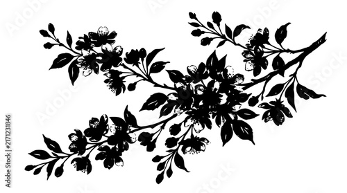 Blooming Cherry Blossom Sakura Branch Silhouette Featuring Vintage Ink Brush Botanical Floral Elements and Spring Tree Twigs Vector Illustration for Invitation Design