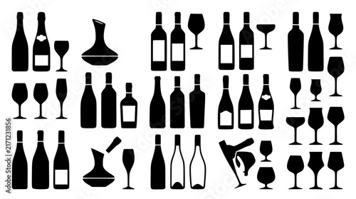 Wine Bottle and Glass Silhouette Set Featuring Decanters and Premium Barware Stemware Icons for Restaurant Bar Menus Winery and Fine Dining Graphic Design