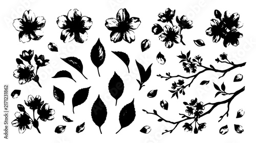 Cherry Blossom Sakura Flower and Leaf Silhouette Set Featuring Ink Brush Botanical Elements Branches and Falling Petals Vectors for Japanese Style Spring Design