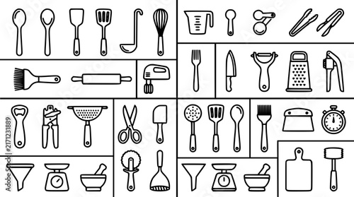 Kitchen Utensils and Culinary Cooking Tools Line Icon Set Featuring Essential Baking Implements and Chef Gadgets Pack for Restaurant Design Elements