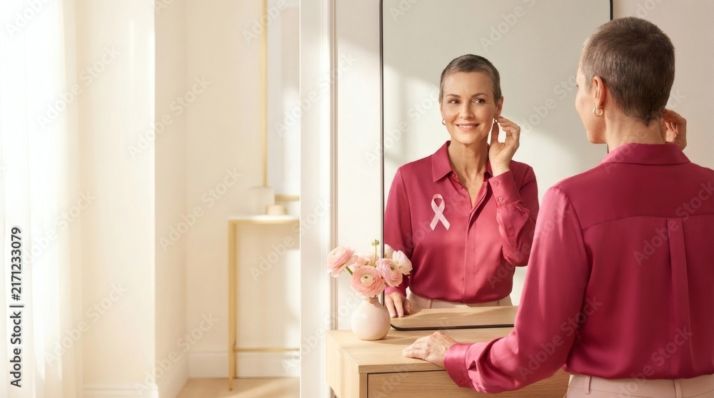 Obraz premium Confident Woman with Pink Ribbon Smiles at Her Reflection