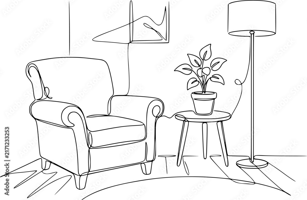 Fototapeta premium Continuous single line drawing of a comfortable armchair and a small bedside table with a lamp and a plant in a cozy living room interior design concept