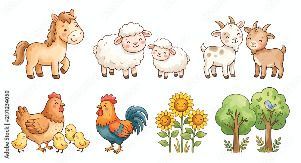 Obraz premium Adorable farm animals and plants cheerful cartoon characters horse sheep goat chicken sunflowers trees.