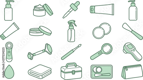 Cosmetic skincare and beauty tools arranged in a clean grid against a white background vector illustration