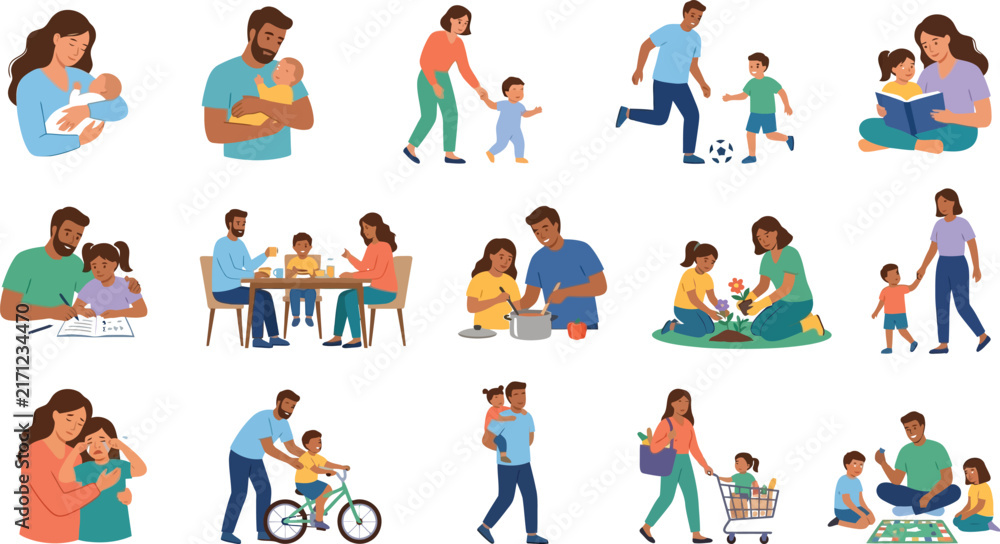 Fototapeta premium Diverse family units enjoying everyday activities together with warmth and connection vector illustrations