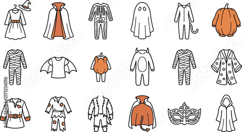 Halloween costumes vector illustration with simple icons of spooky outfits and pumpkins in flat design
