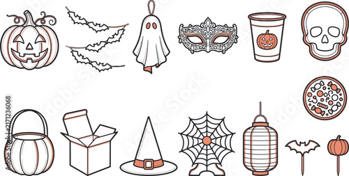 Halloween Icons in Flat Design with Outline Against White Background Vector Illustration