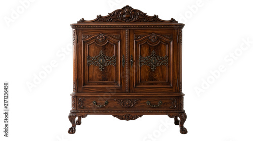 Ornate antique wooden cabinet with carved doors and drawer isolated on transparent background