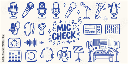 Hand drawn microphone and studio equipment icons with music notes for audio production and broadcasting