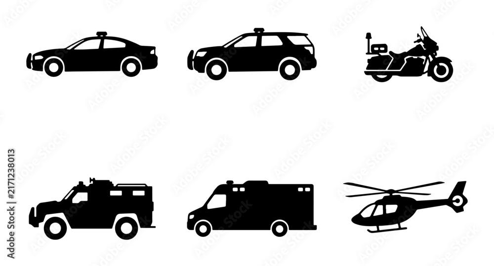 Fototapeta premium Police Vehicle Icons, Law Enforcement Transport Set, Emergency Services Fleet, Black Silhouette Vector Collection
