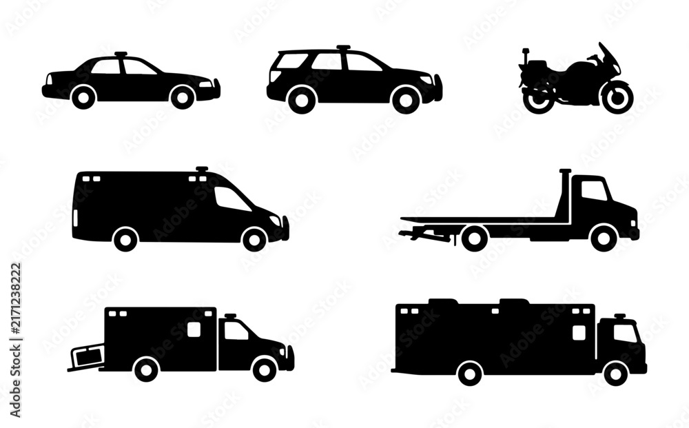Fototapeta premium Emergency Vehicle Icons Set, Police Car, Ambulance, Tow Truck, Motorcycle Silhouettes