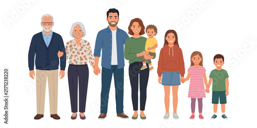 Fotografie Diverse Multigenerational Family Group Standing Together, Vector Illustration