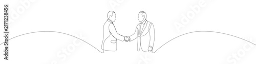 Continuous Line Art Drawing of Two Businessmen in Suits Shaking Hands to Symbolize Agreement, Partnership, and Success