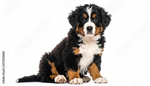 Bernese mountain dog puppy sitting on white background.