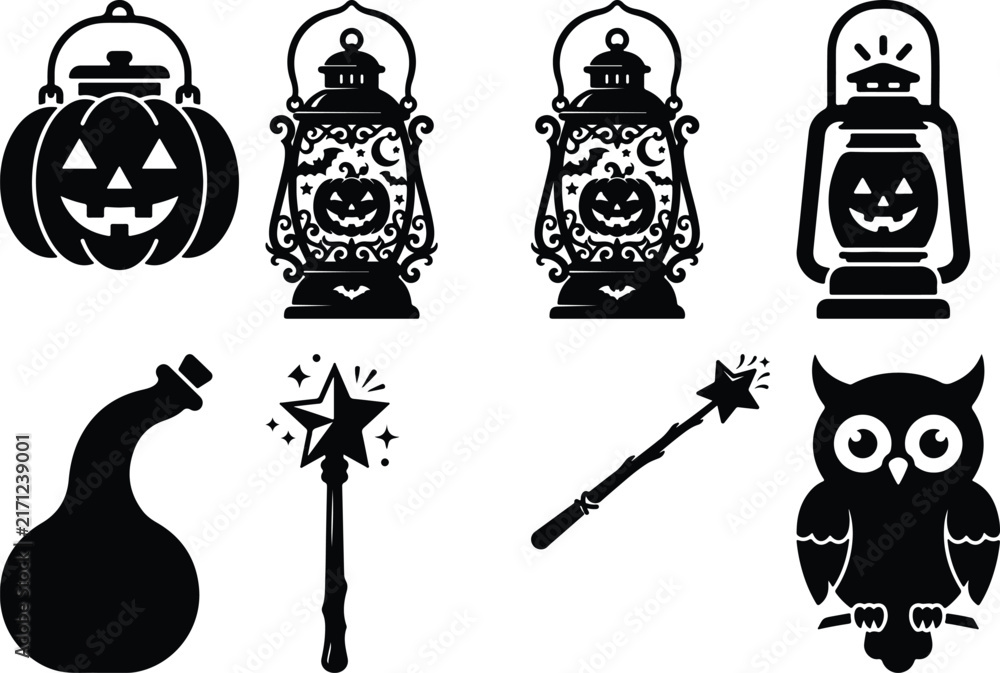Fototapeta premium Halloween icons including jack o lantern owl magic wand and potion bottle on white background