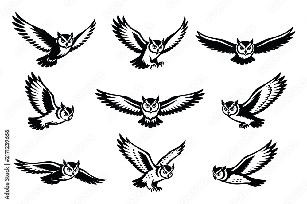 Obraz premium Flying owl vector illustrations with spread wings showcasing various dynamic poses of predatory birds designed in a bold black and white graphic style for mascot logos