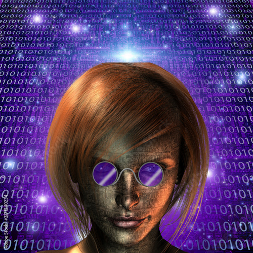 Futuristic Woman with Circuit Skin and Binary Code Background